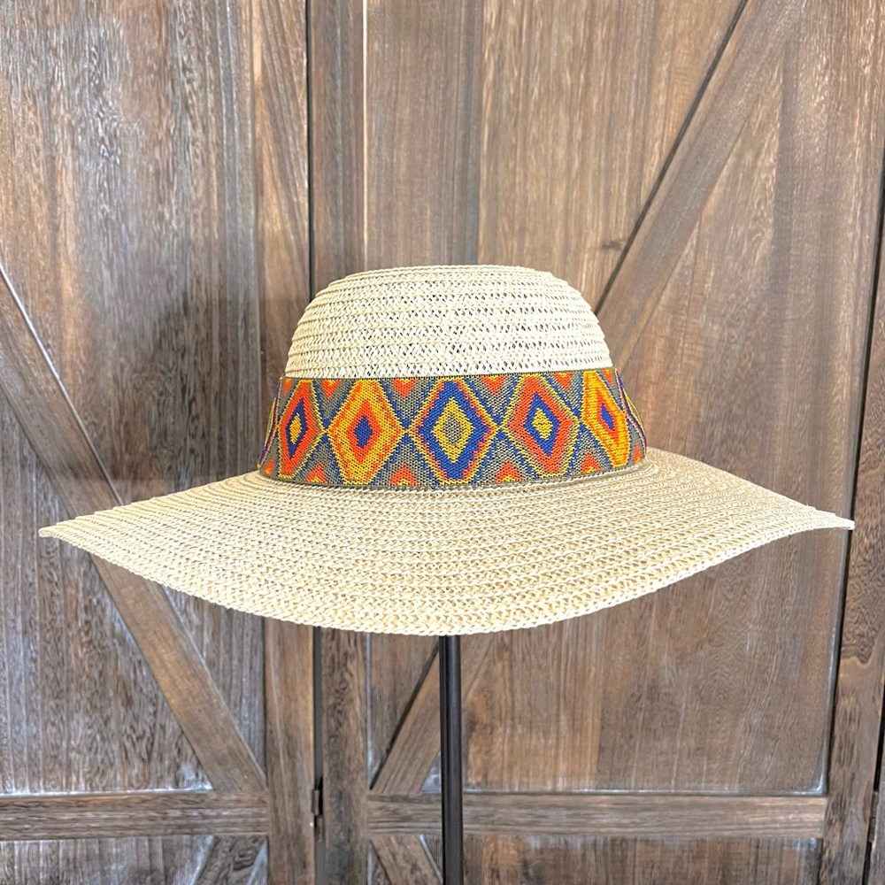 Summer Hat. Women's straw with attached multi colored band. One size fits most.